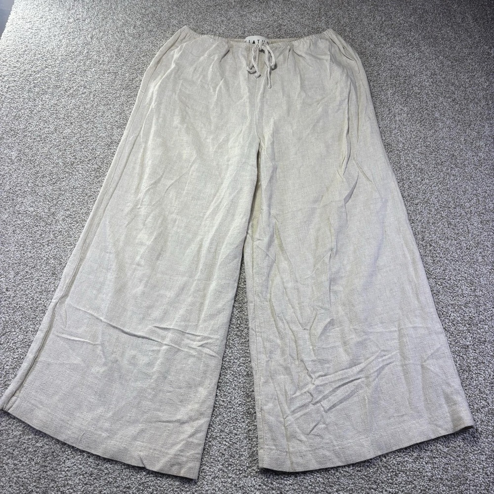 Hiatus Pants Womens Small Beige Linen Blend Wide Leg Cropped Elastic Waist